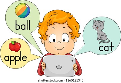 Illustration of a Kid Boy Using a Picture Dictionary App in His Tablet Computer