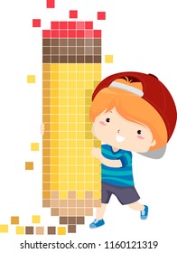 Illustration of a Kid Boy Using a Pixel Art Pencil