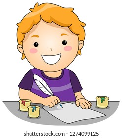 Illustration of a Kid Boy Using a Quill Pen and Colored Ink for Drawing