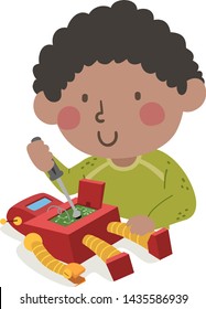 Illustration eines Kinderspielzeugs mit Schraubendreher und Reparatur seines Roboterspielzeugs