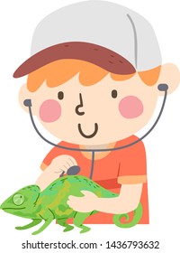 Illustration of a Kid Boy Using Stethoscope Playing Veterinarian with His Pet Reptile Chameleon