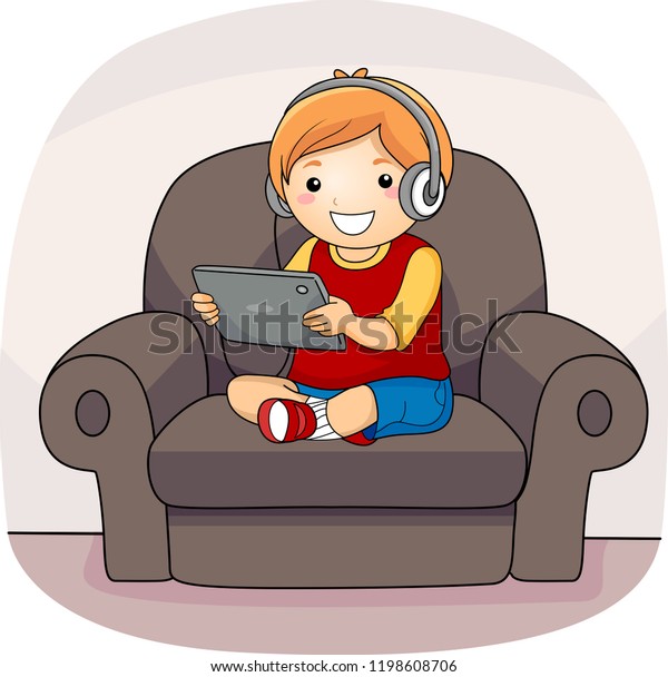 タブレットコンピュータを使い ソファに座りながらヘッドフォンを着た少年のイラスト のベクター画像素材 ロイヤリティフリー
