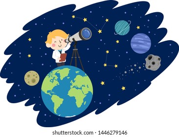 Illustration of a Kid Boy Using a Telescope on Top of the World Looking at the Planets and Stars in the Space