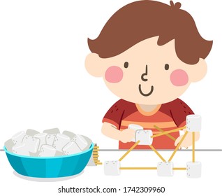 Illustration of a Kid Boy Using Uncooked Spaghetti Noodles and Giant Marshmallows to Build Towers