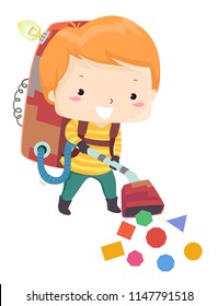 Illustration of a Kid Boy Using a Vacuum Cleaner Pulling Geometric Shapes