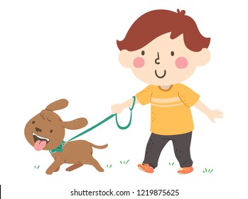 Illustration Of A Kid Boy Walking His Pet Dog