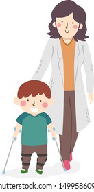 Illustration Of A Kid Boy Walking With Leg Brace And Cane With The Help Of A Therapist