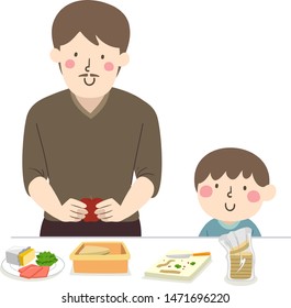 Illustration of a Kid Boy Watching His Father Making His Lunch Box, Adding a Sandwich and an Apple