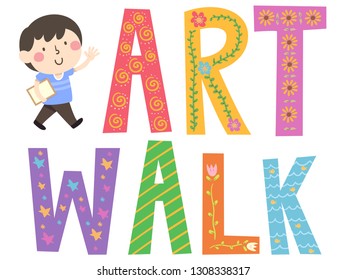 Ilustración de un niño ondeando, sosteniendo folletos y cartas de paseo artístico