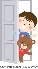 Illustration of a Kid Boy Waving and Saying Hello Welcoming People to His Home with His Imaginary Friend, a Teddy Bear Stuffed Toy