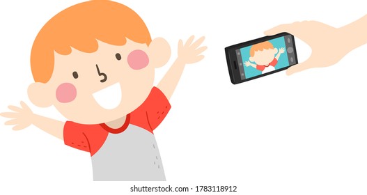 Ilustración de un niño que saludaba y hablaba frente a un teléfono móvil tomando su video