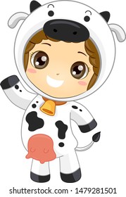 Illustration of a Kid Boy Waving and Wearing a Cow Costume