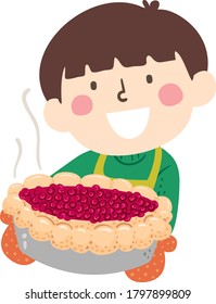 Illustration of a Kid Boy Wearing Apron and Oven Gloves Showing a Cherry Pie He Baked