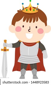 Illustration of a Kid Boy Wearing an Armored King Costume and Holding a Sword Ready for War