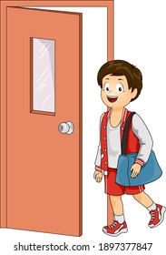 Illustration Of A Kid Boy Wearing Athletic Uniform Carrying Gym Bag And Opening Door For Training Basketball