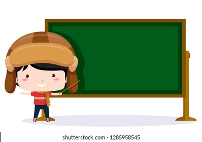 Illustration of a Kid Boy Wearing Aviator Hat and Holding a Stick and Pointing to a Blank Blackboard