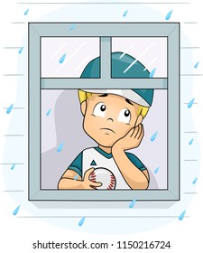 Illustration Of A Kid Boy Wearing Baseball Uniform And Holding A Ball Looking Sad By The Window Looking At The Rain