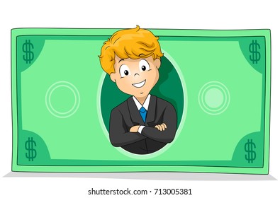 Illustration of a Kid Boy Wearing Business Attire on a Dollar Bill