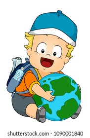 Illustration of a Kid Boy Wearing a Cap, Holding a Globe and Wearing a Backpack with Map and Bottle of Water