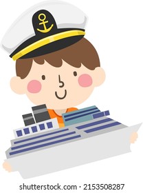 Illustration of a Kid Boy Wearing Captain Hat while Playing Cruise Ship Toy