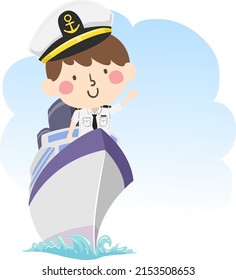 Illustration Of Kid Boy Wearing Captain Uniform Waving From Cruise Ship