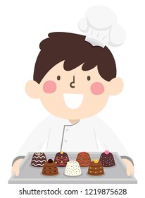 Illustration of a Kid Boy Wearing Chef Hat and Uniform Holding a Tray of Chocolates