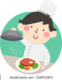 Illustration of a Kid Boy Wearing Chef Hat and Presenting a Steak Dish He Made