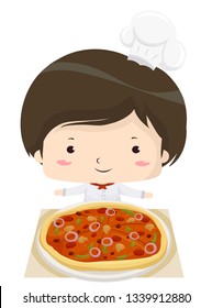 Illustration of a Kid Boy Wearing Chef Hat and Presenting a Big Pizza He Made