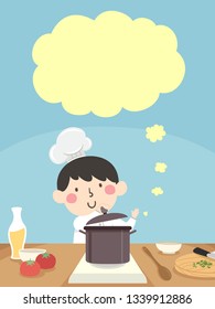 Illustration of a Kid Boy Wearing Chef Hat Cooking with a Blank Thinking Cloud Above Him
