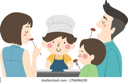 Illustration of a Kid Boy Wearing Chef Hat and Having Kid Boy Brother and Man Woman Parents to Taste It