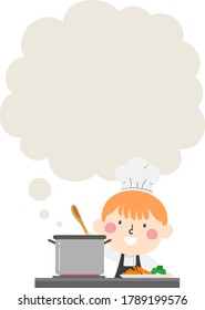 Illustration of a Kid Boy Wearing Chef Hat with Blank Thinking Cloud While Cooking