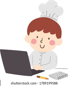Illustration of a Kid Boy Wearing Chef Uniform Using Laptop with Notes and Pencil