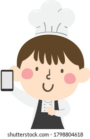 Illustration of a Kid Boy Wearing Chef Hat and Uniform and Showing Mobile Phone for App