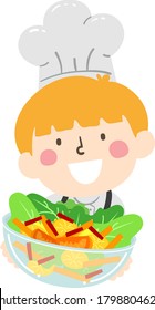 Illustration of a Kid Boy Wearing Chef Hat and Showing a Salad Bowl with Carrots, Tomatoes and Lettuce