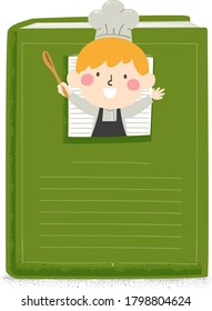 Illustration of a Kid Boy Wearing Chef Hat and Uniform Holding Wooden Spoon with a Recipe Book