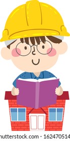 Illustration of a Kid Boy Wearing Construction Yellow Hard Hat and Reading a Book on a House