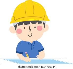 Illustration Of A Kid Boy Wearing Construction Yellow Hard Hat And Drawing On Blueprint