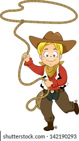 Illustration of a Kid Boy wearing a Cowboy Costume while swinging a Rope