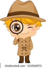 Illustration of a Kid Boy Wearing Detective Costume with Brown Hat, Trench Coat and Magnifying Glass