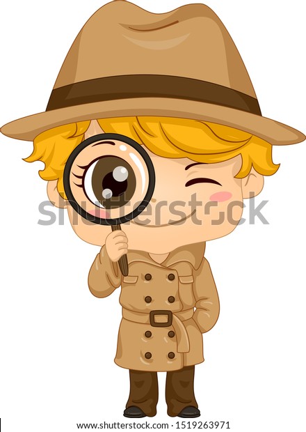 茶色の帽子 トレンチコート 虫眼鏡をかけた刑事衣装を着た少年のイラスト のベクター画像素材 ロイヤリティフリー