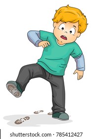 Illustration of a Kid Boy Wearing Dirty Shoes with Shoe Marks on the Floor