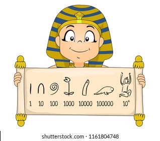 Illustration of a Kid Boy Wearing Egyptian Pharaoh Costume Showing a Scroll with Egyptian Number System