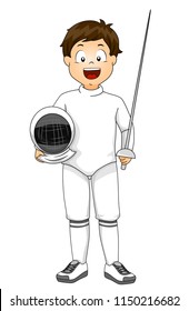 Illustration of a Kid Boy Wearing Fencing Outfit with Sword and Helmet