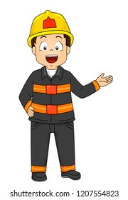 Illustration of a Kid Boy Wearing Fireman Costume Presenting Something to His Left