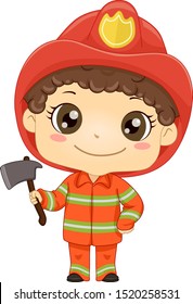 Illustration Of A Kid Boy Wearing Fireman Costume And Holding An Ax