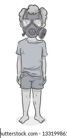 Illustration Of A Kid Boy Wearing Gas Mask And Wearing No Shoes, War Victim