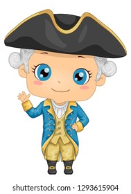 Ilustración de un niño con traje y ondear de George Washington