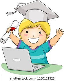 Illustration Of A Kid Boy Wearing Graduation Cap And Holding Diploma With Open Laptop. Virtual School Graduate