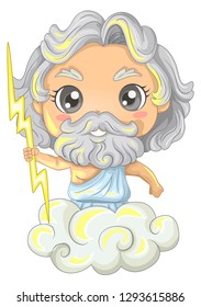 Illustration of a Kid Boy Wearing the Greek God Zeus Holding a Lightning and Riding a Cloud