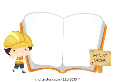 Illustration of a Kid Boy Wearing Hard Hat, a Signage of Men at Work and a Blank Open Book about Construction
